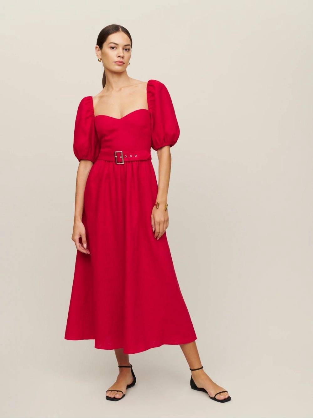 Reformation Tien Linen Dress Cherry Red Puff Sleeve Midi Size 10 NWT